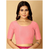 Peach hosiery printed crop blouse set - women's non-padded short sleeves round neck blouses, slip-on style