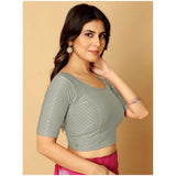 Grey hosiery printed short sleeves round neck non-padded blouse set - women's crop top on mannequin