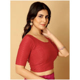 Hosiery print red crop blouse set - women's non-padded short sleeves round neck blouses, vibrant pattern