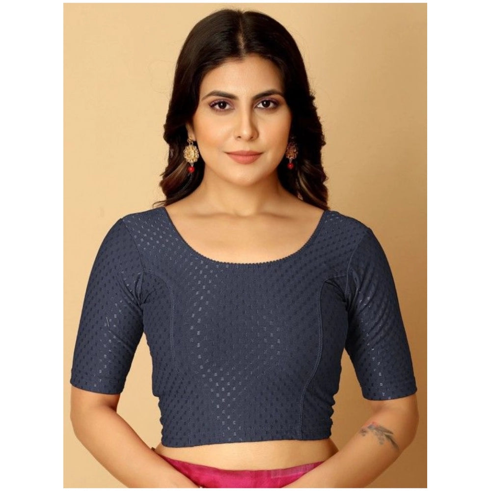 Navy Blue Hosiery Printed Short Sleeve Crop Blouse Set - Two Pieces, Non-Padded