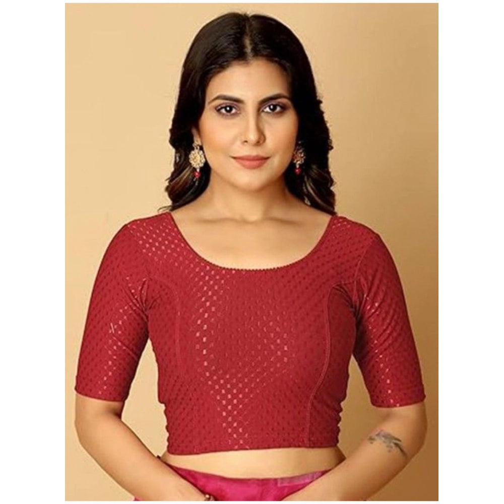 Maroon hosiery printed crop blouse set, women's slip-on non-padded short sleeves round neck blouses on hanger