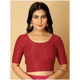 Maroon hosiery printed crop blouse set, women's slip-on non-padded short sleeves round neck blouses on hanger