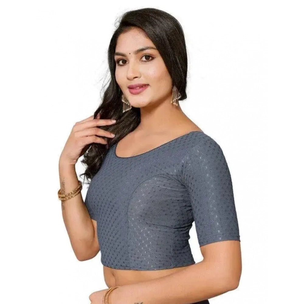 Grey hosiery blend printed short sleeves round neck crop blouse for women, slip-on non-padded style