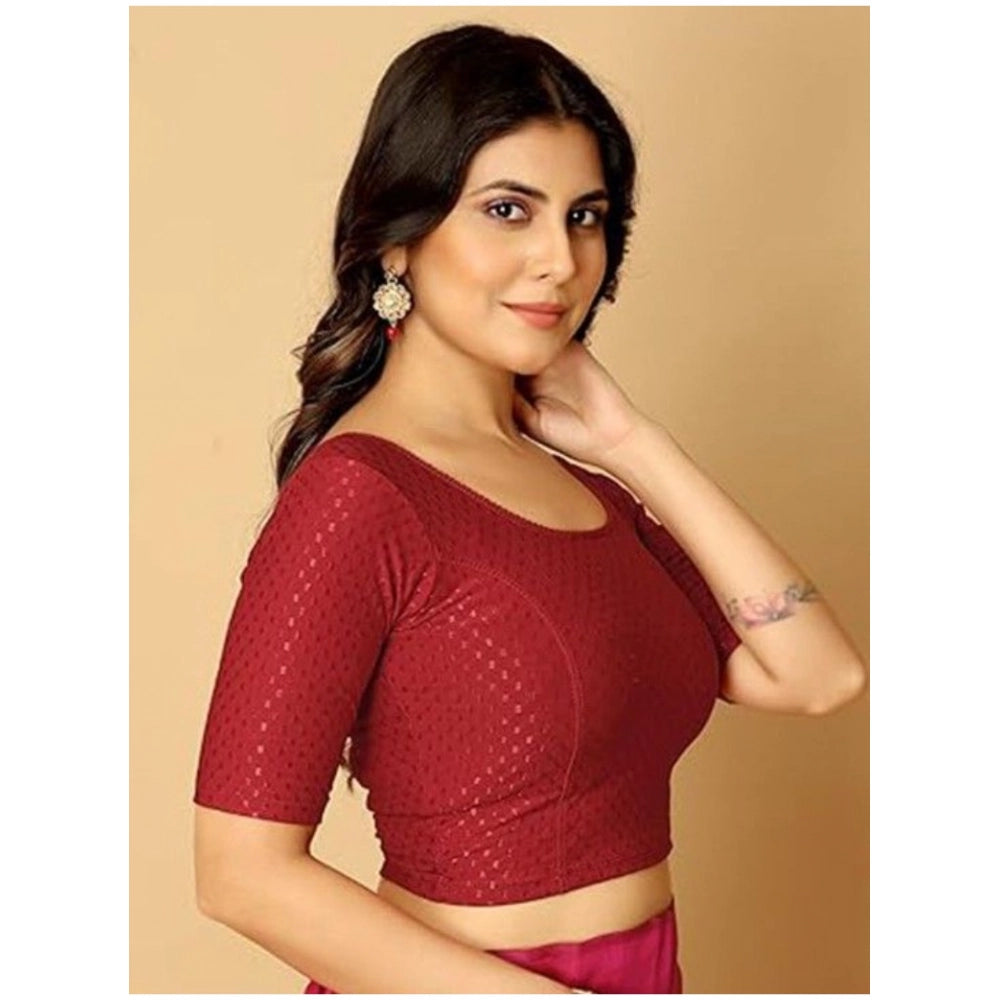Maroon hosiery printed short sleeves round neck crop blouse set - non-padded for women's fashion