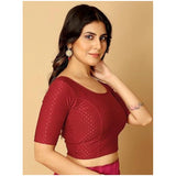 Maroon hosiery printed short sleeves round neck crop blouse set - non-padded for women's fashion