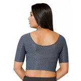 Grey hosiery blend short sleeves round neck non-padded crop blouse - printed pattern, slip-on closure