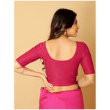 Pink hosiery printed crop blouse set, non-padded with short sleeves and round neck, slip-on style