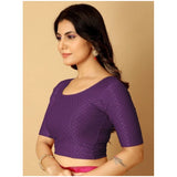 Purple hosiery printed crop blouse set - non-padded, short sleeves & round neck