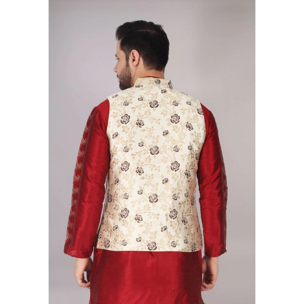 Cream jacquard self-design sleeveless mandarin neck waistcoat for men, intricate pattern detail