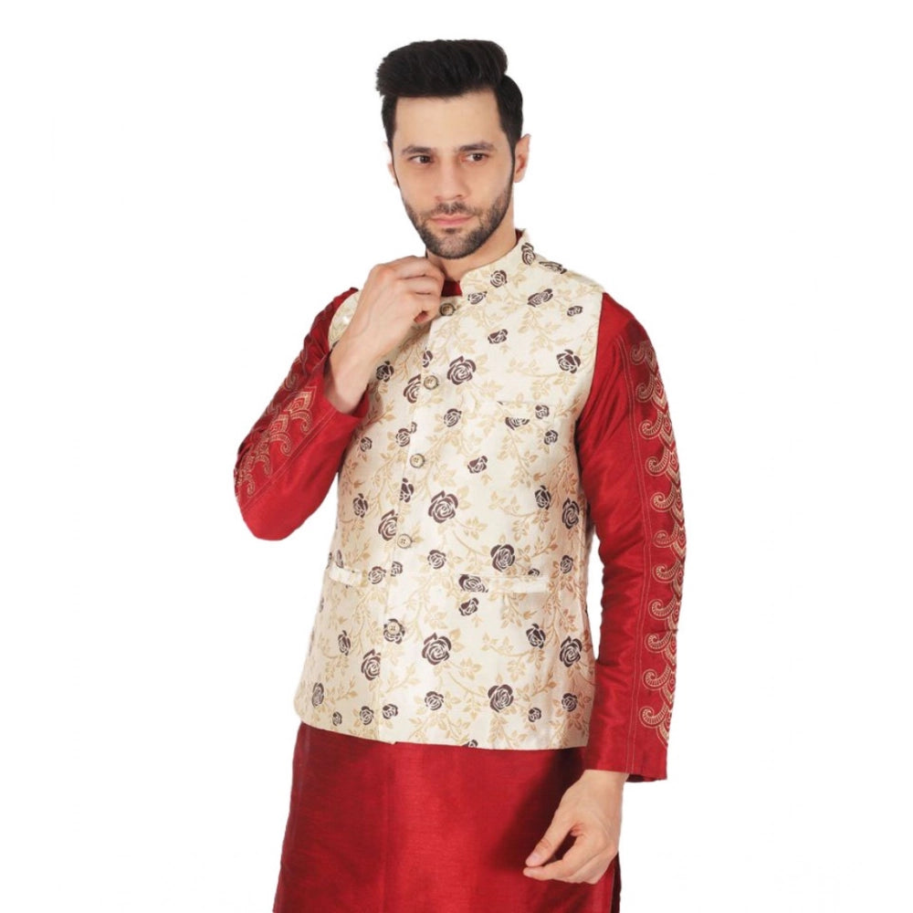 Cream jacquard self-design sleeveless mandarin neck waistcoat for men, intricate pattern detail