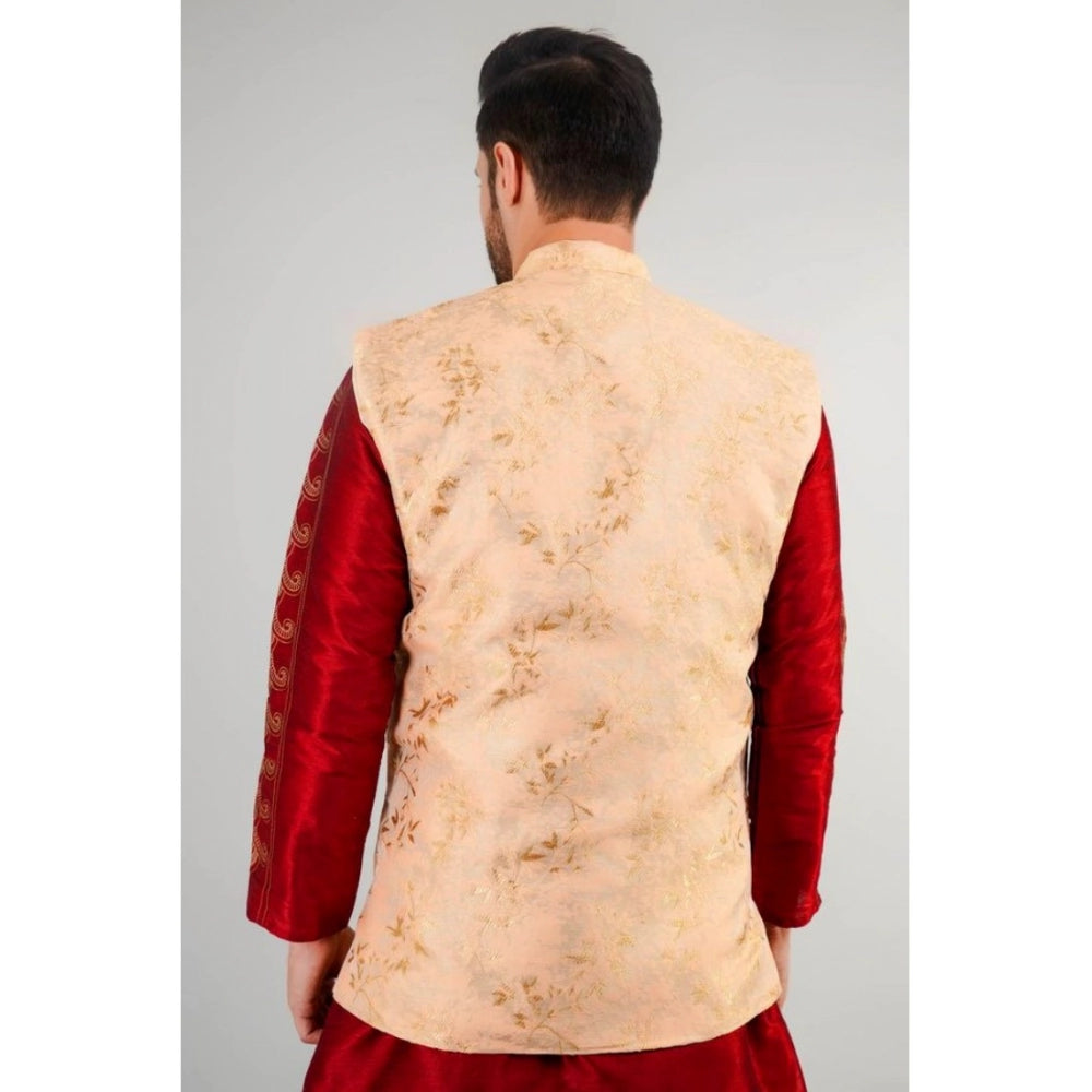 Beige jacquard self-design sleeveless Mandarin neck waistcoat, intricate pattern details visible