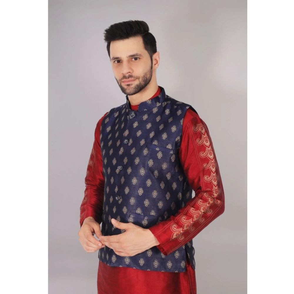 NavyBlue-Gold jacquard self-design sleeveless mandarin neck waistcoat for men, intricate pattern detail on display