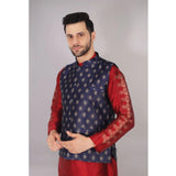 NavyBlue-Gold jacquard self-design sleeveless mandarin neck waistcoat for men, intricate pattern detail on display