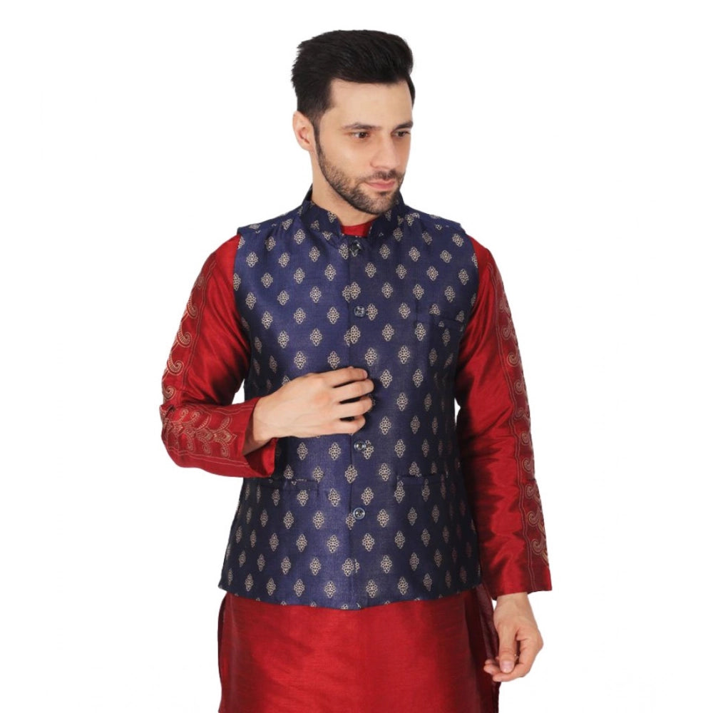 NavyBlue-Gold Jacquard Self-Design sleeveless Mandarin neck waistcoat, intricate pattern on display