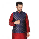 NavyBlue-Gold Jacquard Self-Design sleeveless Mandarin neck waistcoat, intricate pattern on display