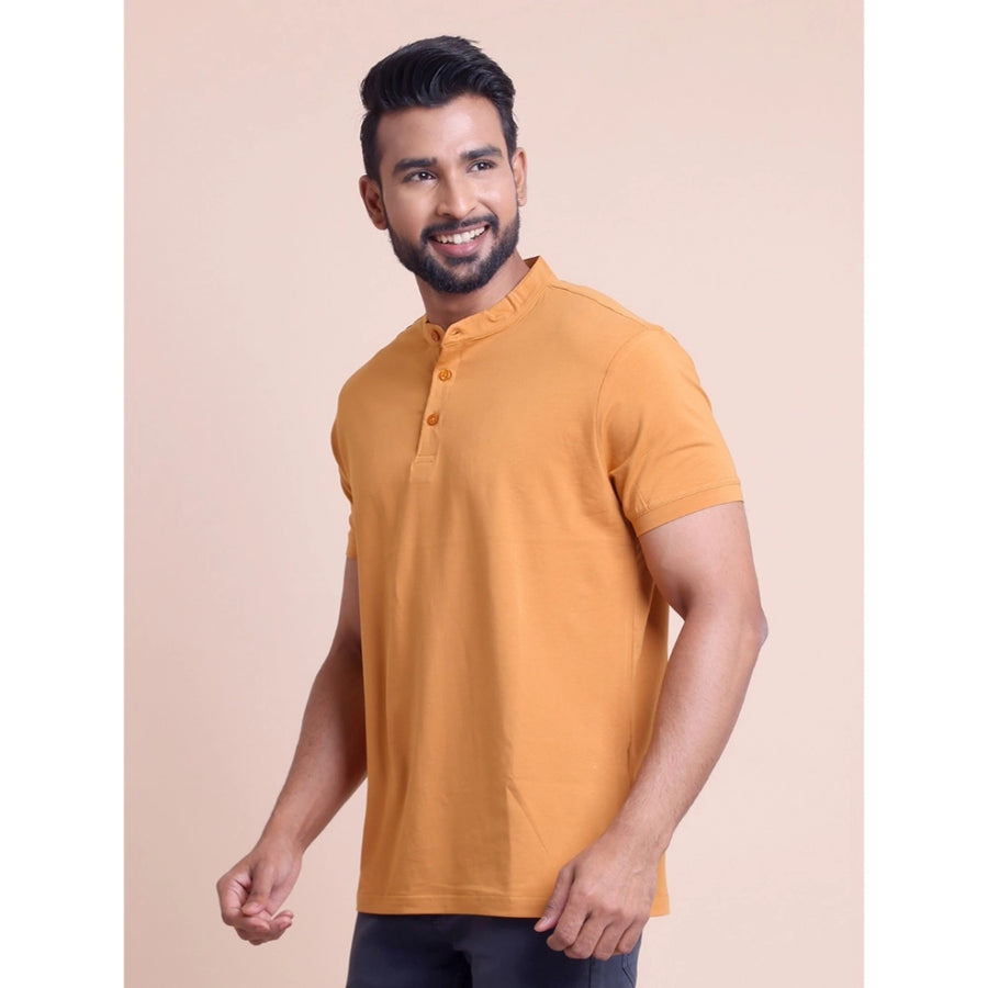 Brown cotton men's casual half-sleeve solid mandarin collar t-shirt