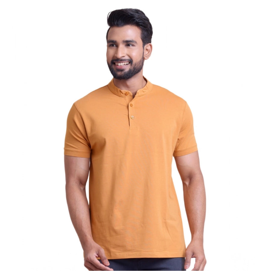 Brown cotton men's casual half-sleeve solid mandarin collar t-shirt