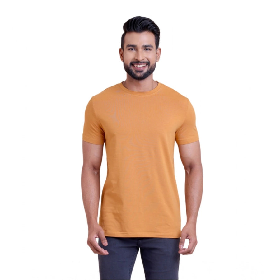 Brown cotton men's casual half-sleeve round neck solid T-shirt for everyday wear