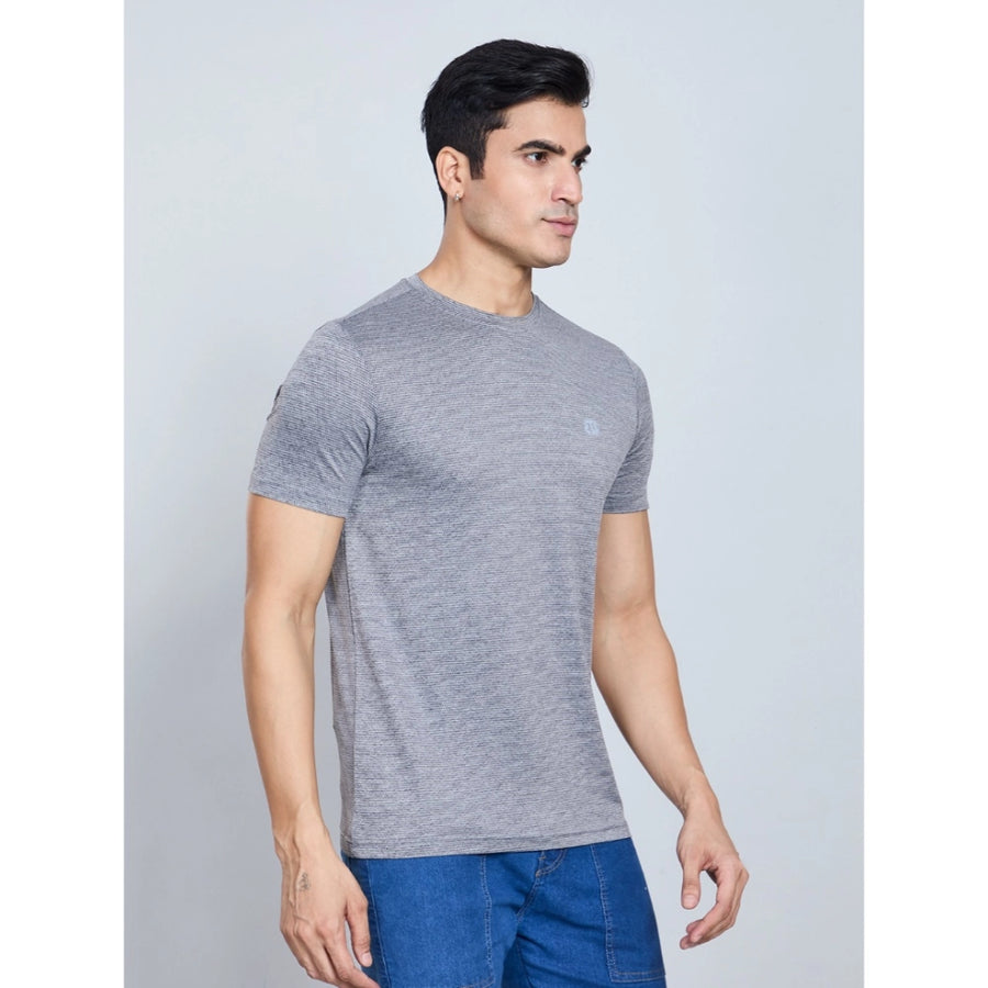 Black nylon men's casual half-sleeve round neck solid T-shirt