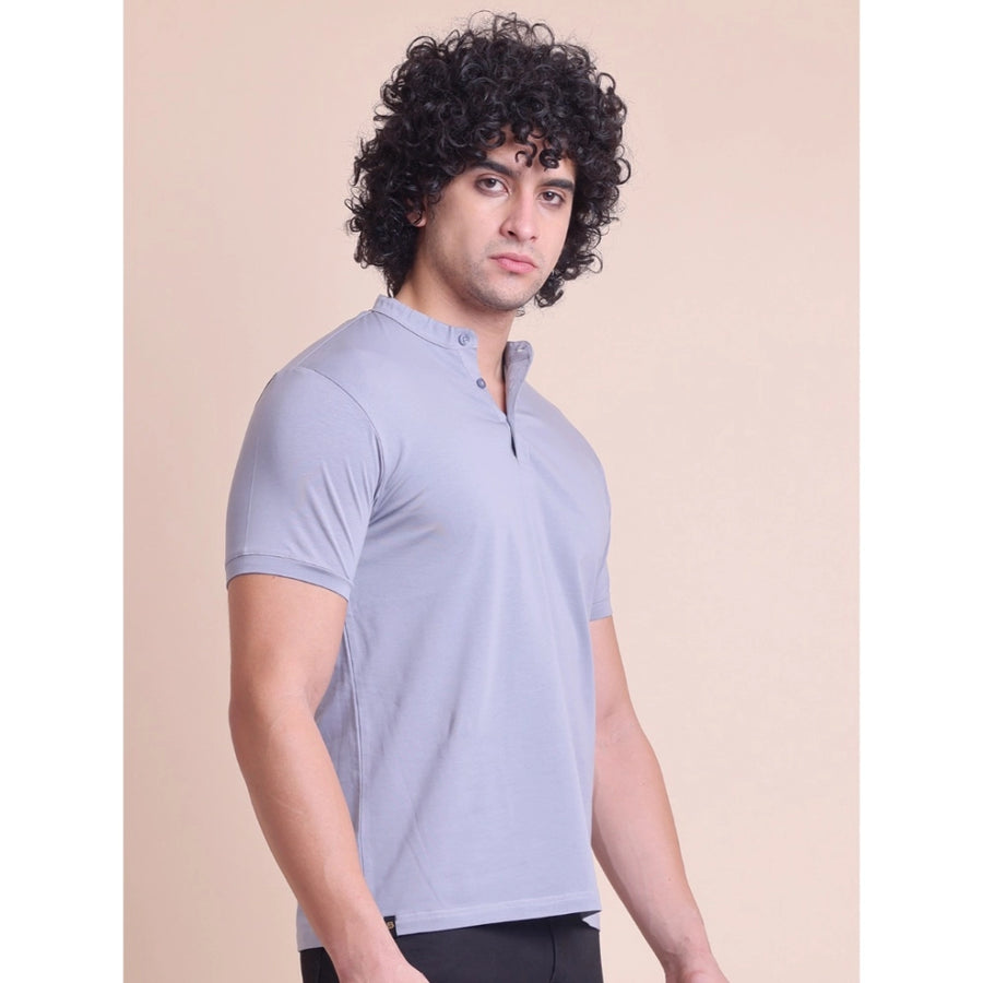 Men's casual cotton solid half sleeve mandarin collar T-shirt in Teegrey color, classic fit for everyday wear
