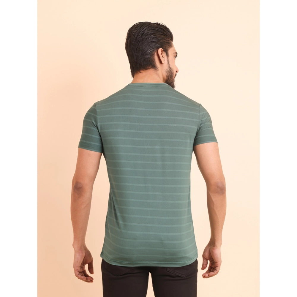 Green nylon casual men's t-shirt with half sleeves and round neck, solid design