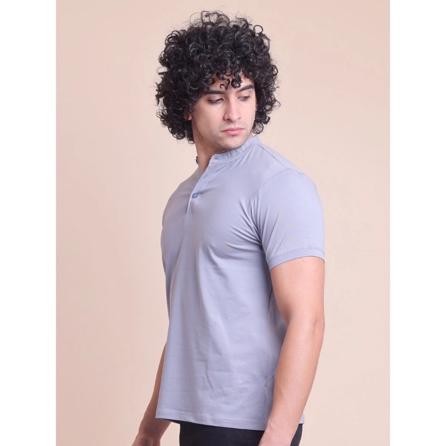 Men's casual cotton solid half sleeve mandarin collar T-shirt in Teegrey color, plain design with a stylish mandarin neckline