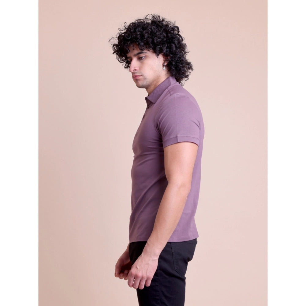 Men's casual berry cotton solid half sleeve polo neck t-shirt on model