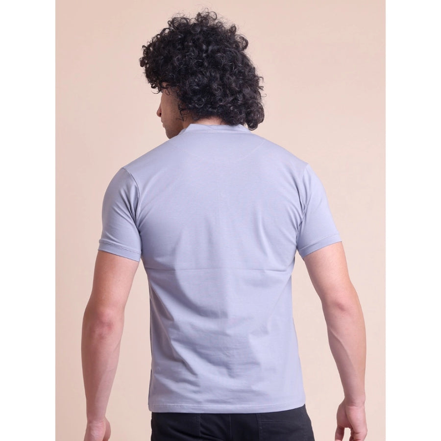 Men's casual grey cotton solid half sleeve mandarin collar T-shirt, natural fit for everyday wear