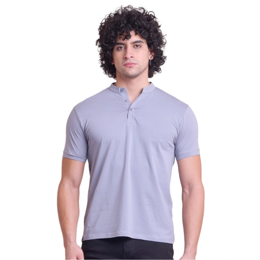 Men's casual cotton solid half sleeve mandarin collar Teegrey T-shirt, natural fit for everyday wear