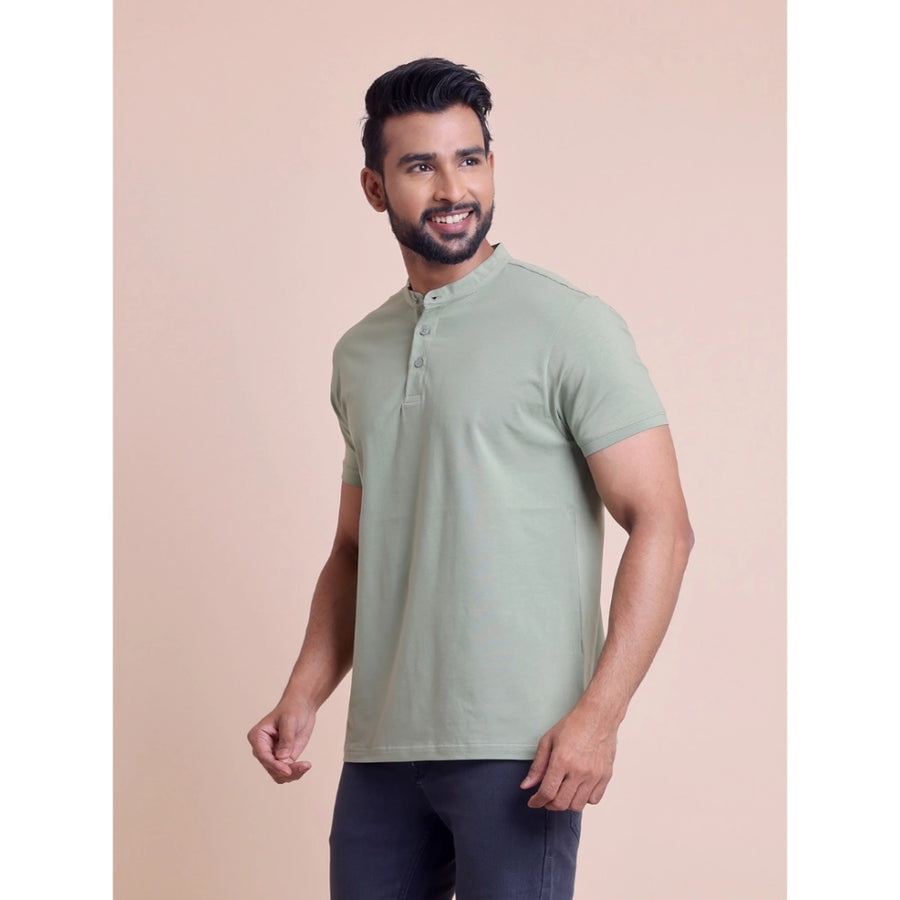Men's casual cotton solid half sleeve mandarin collar t-shirt, Newsage color, suitable for everyday wear