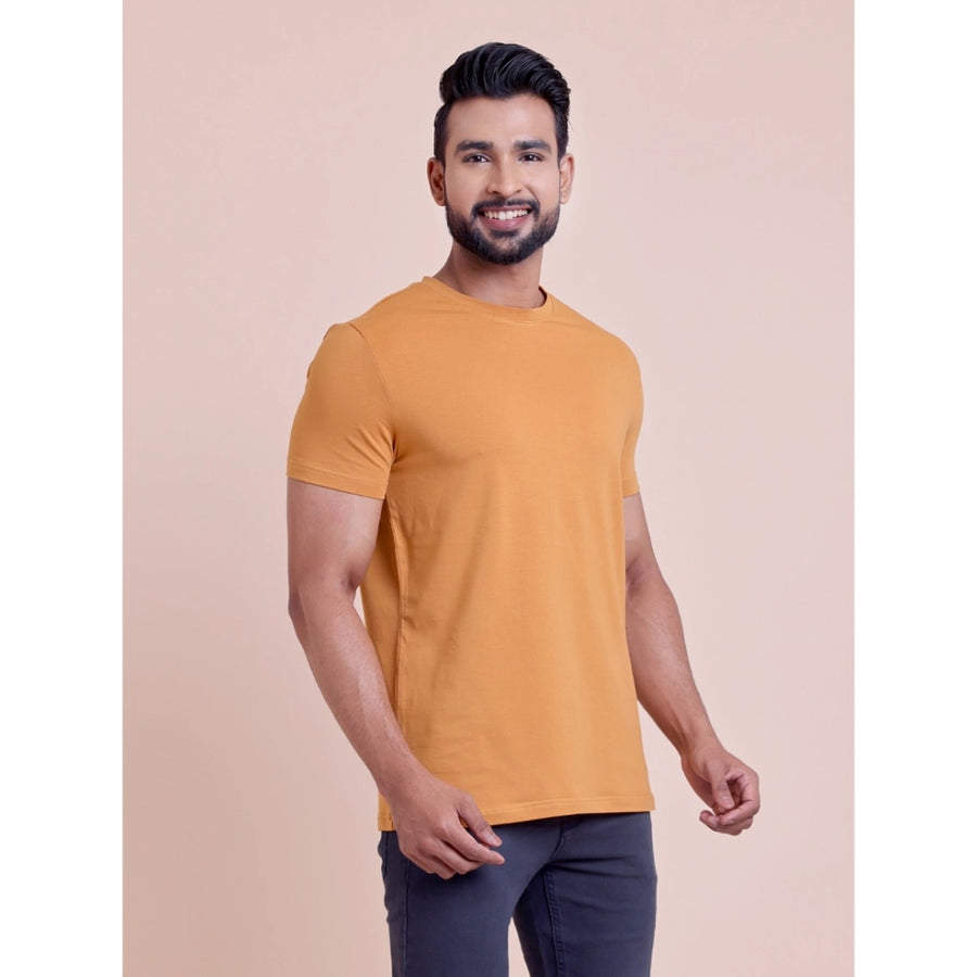 Brown cotton men's casual solid half sleeve round neck t-shirt, natural clothing for everyday wear