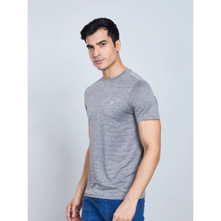 Black nylon casual half sleeve round neck t-shirt for men, solid design