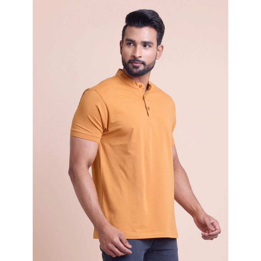 Brown cotton men's casual half sleeve solid mandarin collar T-shirt