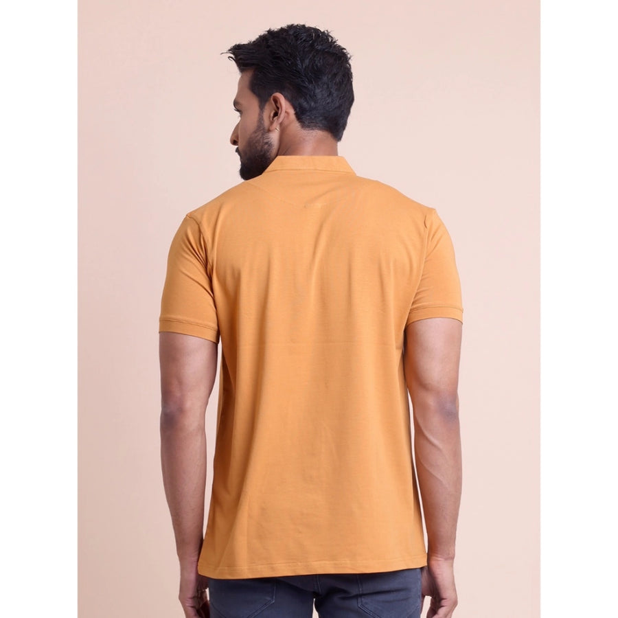 Brown cotton men's casual half sleeve mandarin collar t-shirt, solid style for everyday wear