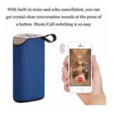 A blue wireless Bluetooth speaker with a built-in noise cancellation feature, capable of producing crystal clear conversation sounds