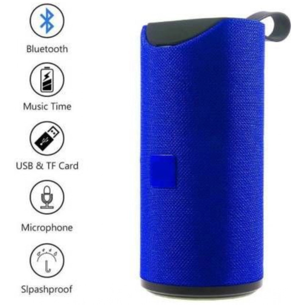 Blue, wireless Bluetooth speaker with multiple functions including music time, USB and TF card slots, waterproof, shockproof