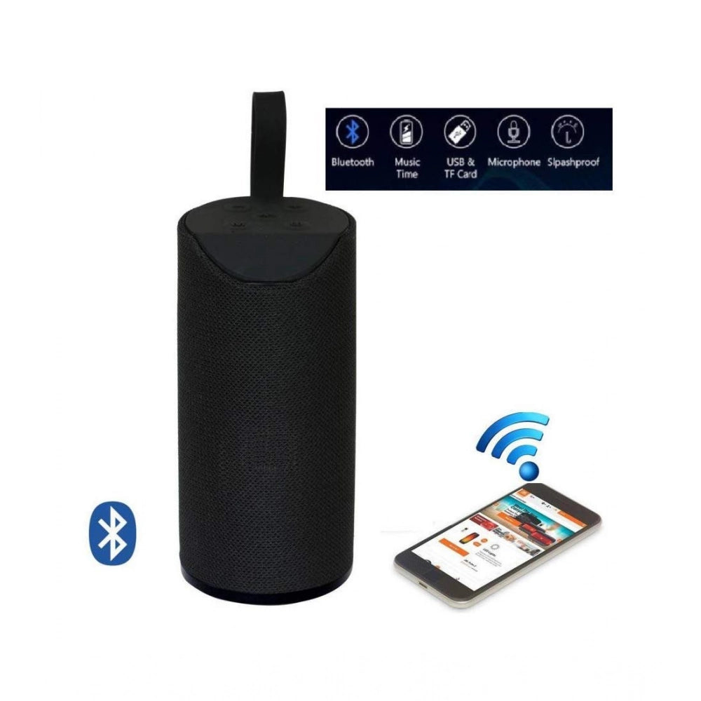 Black portable wireless TG113 Bluetooth speaker with a smartphone displaying music playback