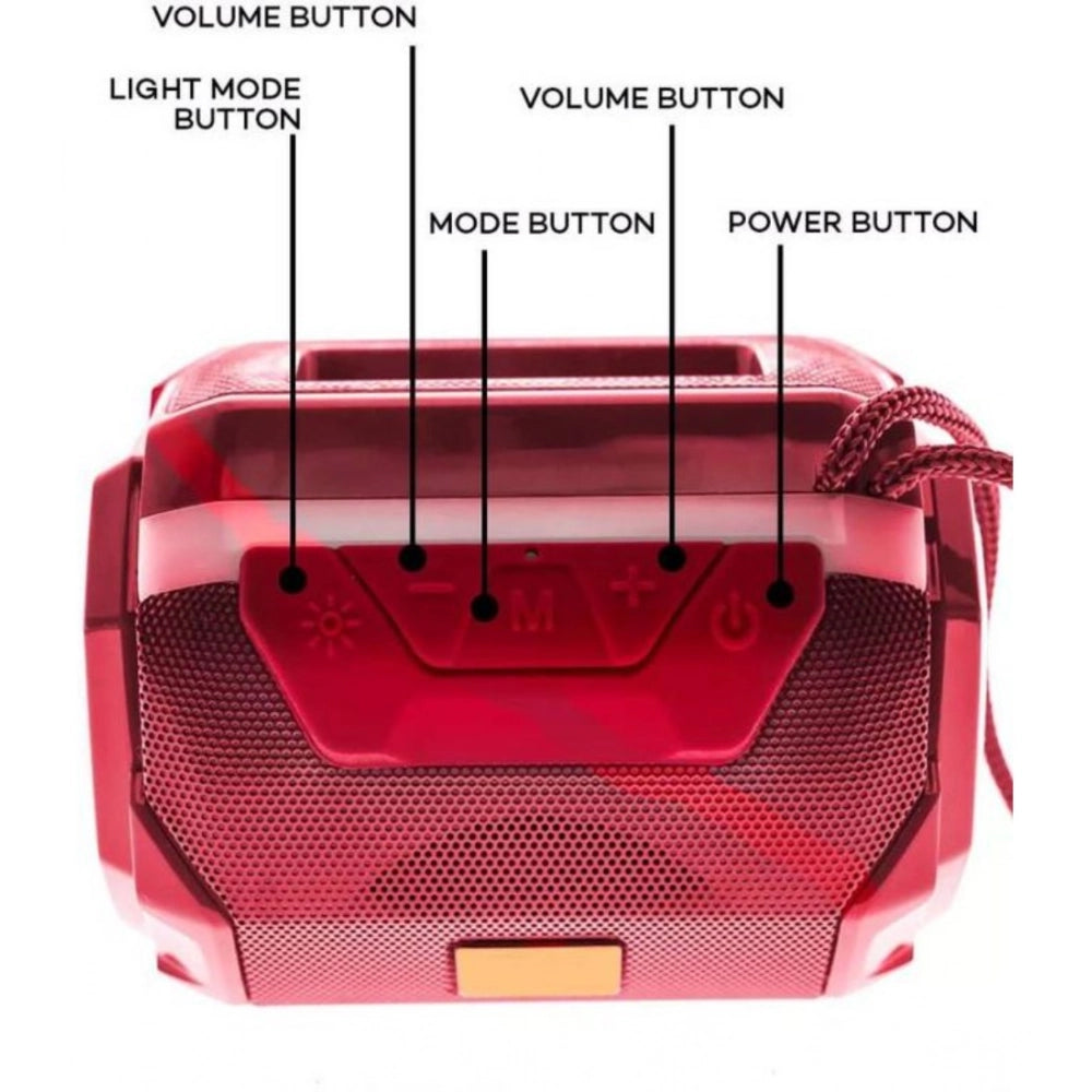 Red plastic and rubber wireless A005 Bluetooth speaker with volume button, light mode button, power button