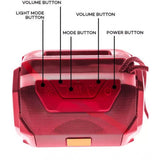 Red plastic and rubber wireless A005 Bluetooth speaker with volume button, light mode button, power button