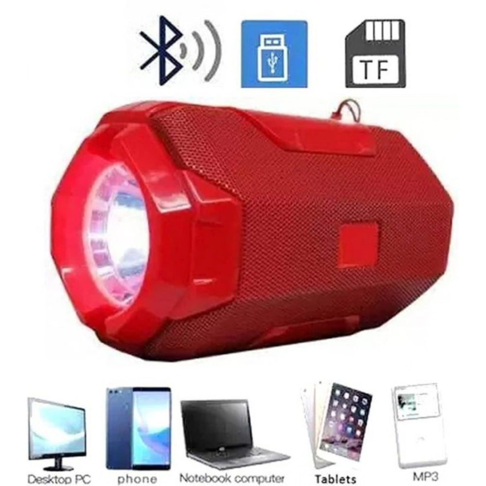 The product is a red wireless Bluetooth speaker with an auxiliary input, featuring an LED light, and it has a portable and rugged design