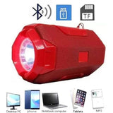 The product is a red wireless Bluetooth speaker with an auxiliary input, featuring an LED light, and it has a portable and rugged design