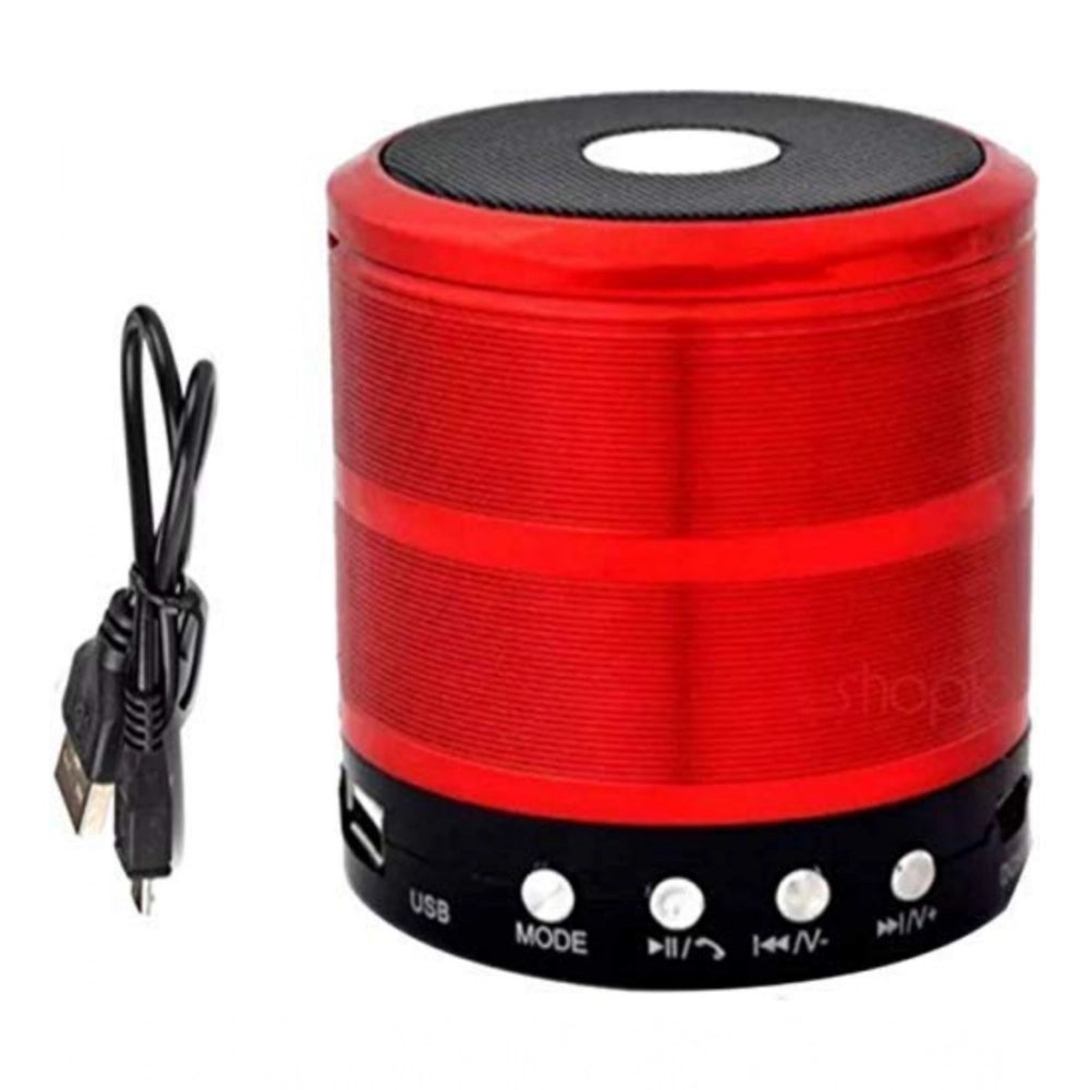 Red plastic wireless speaker with USB port and 3.5mm audio jack