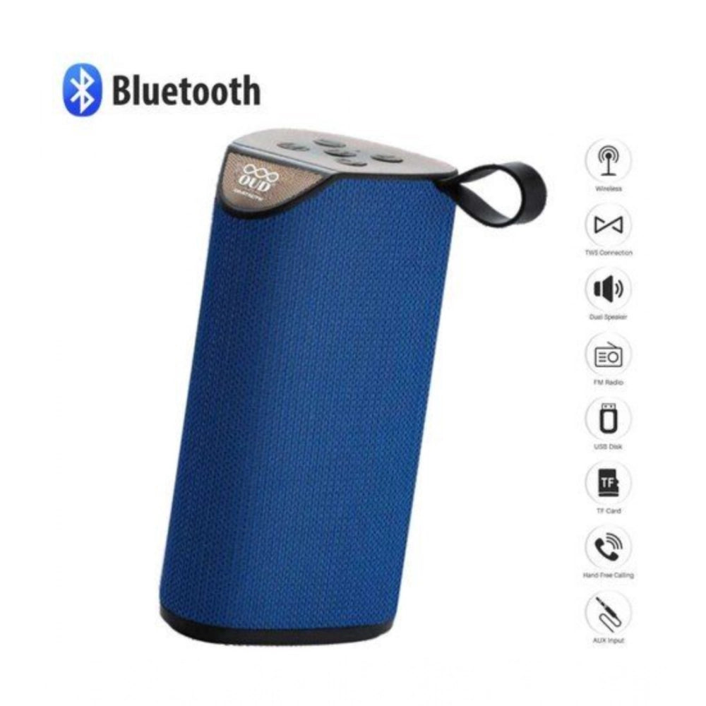 Blue TG111 Bluetooth speaker with wireless charging pad and USB cable