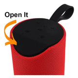 Red rubber wireless Bluetooth speaker, with open lid revealing sound outlets