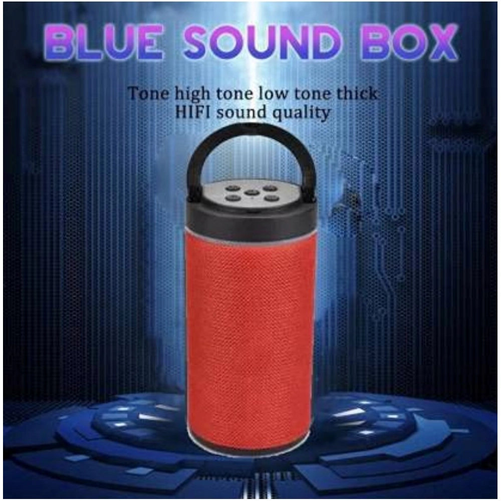 A small red portable wireless bluetooth speaker with a thick, sturdy handle and a visible tone control knob