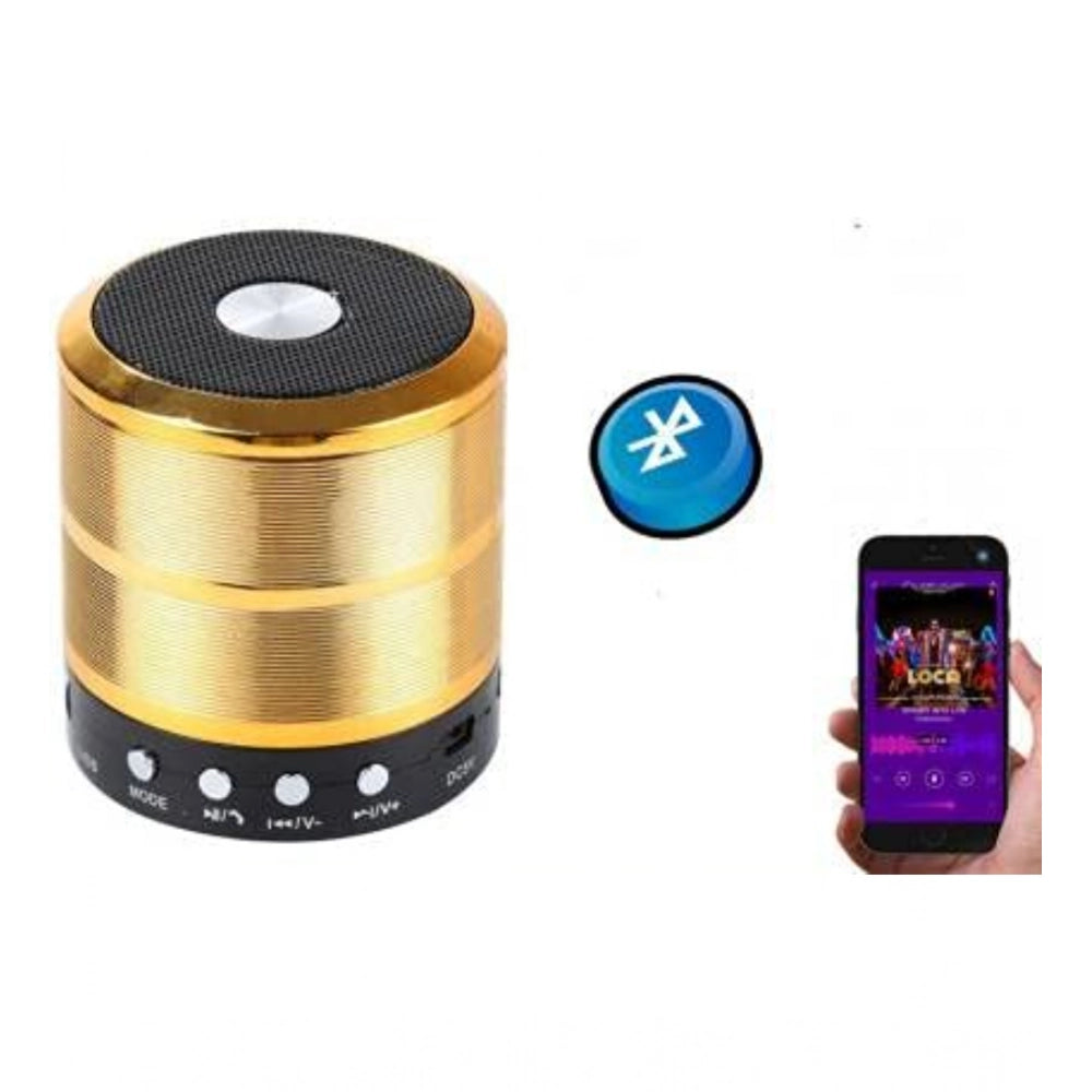 Gold Bluetooth speaker, modern design with buttons and pairing light