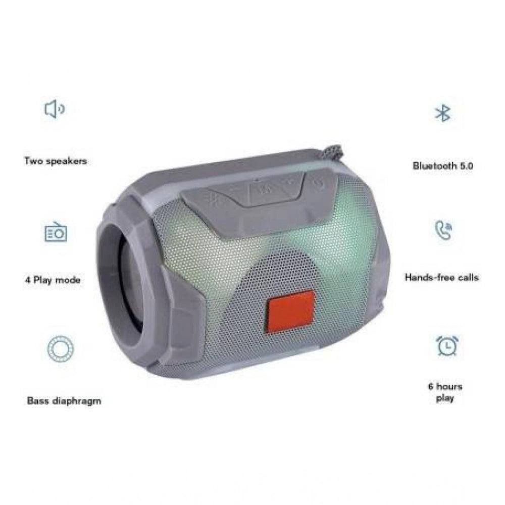 Grey plastic wireless A005 Bluetooth speaker with voice assistant feature, speakerphone mode, hands-free calling capability