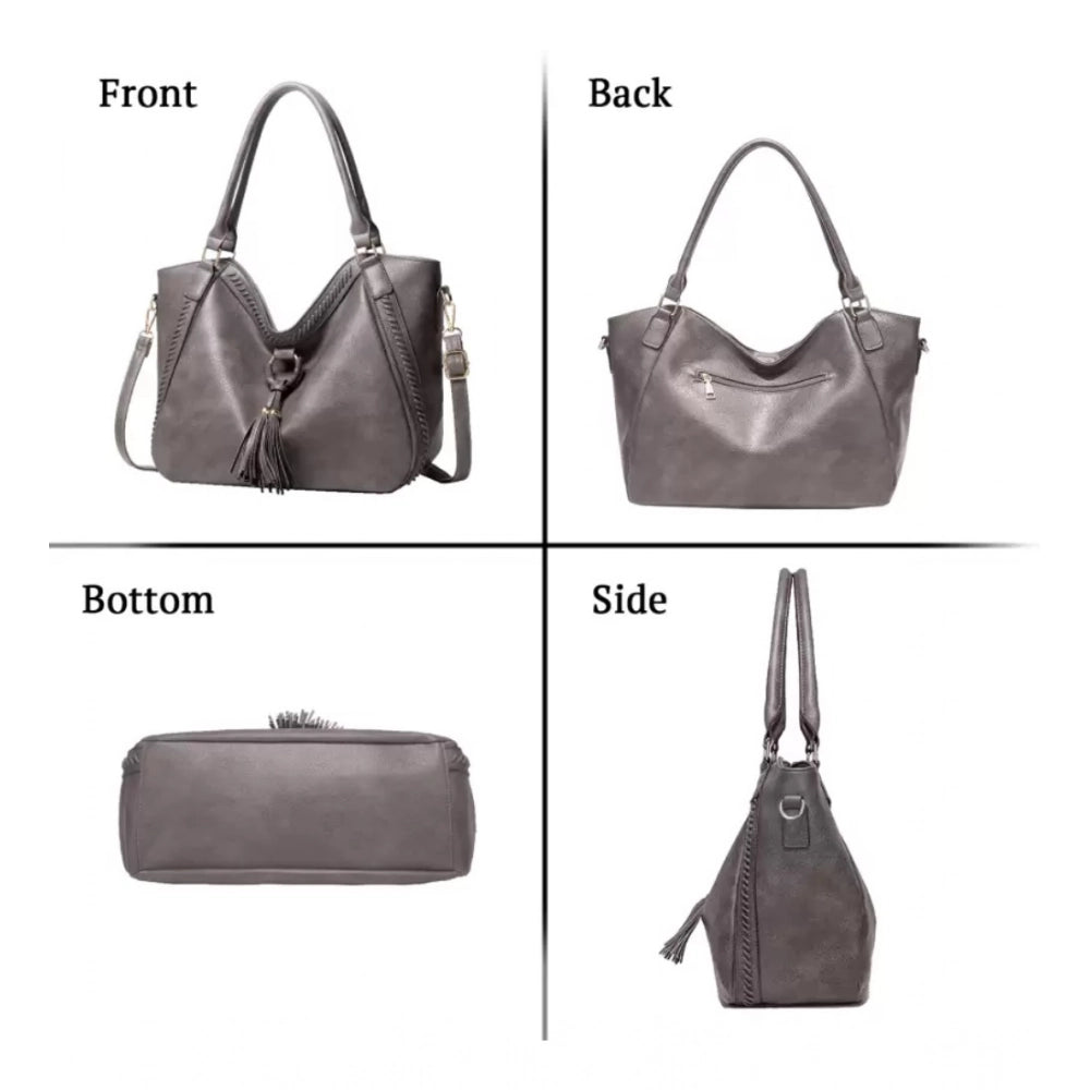 Grey PU leather large shoulder zipper handbag with round twin handles and adjustable sling strap