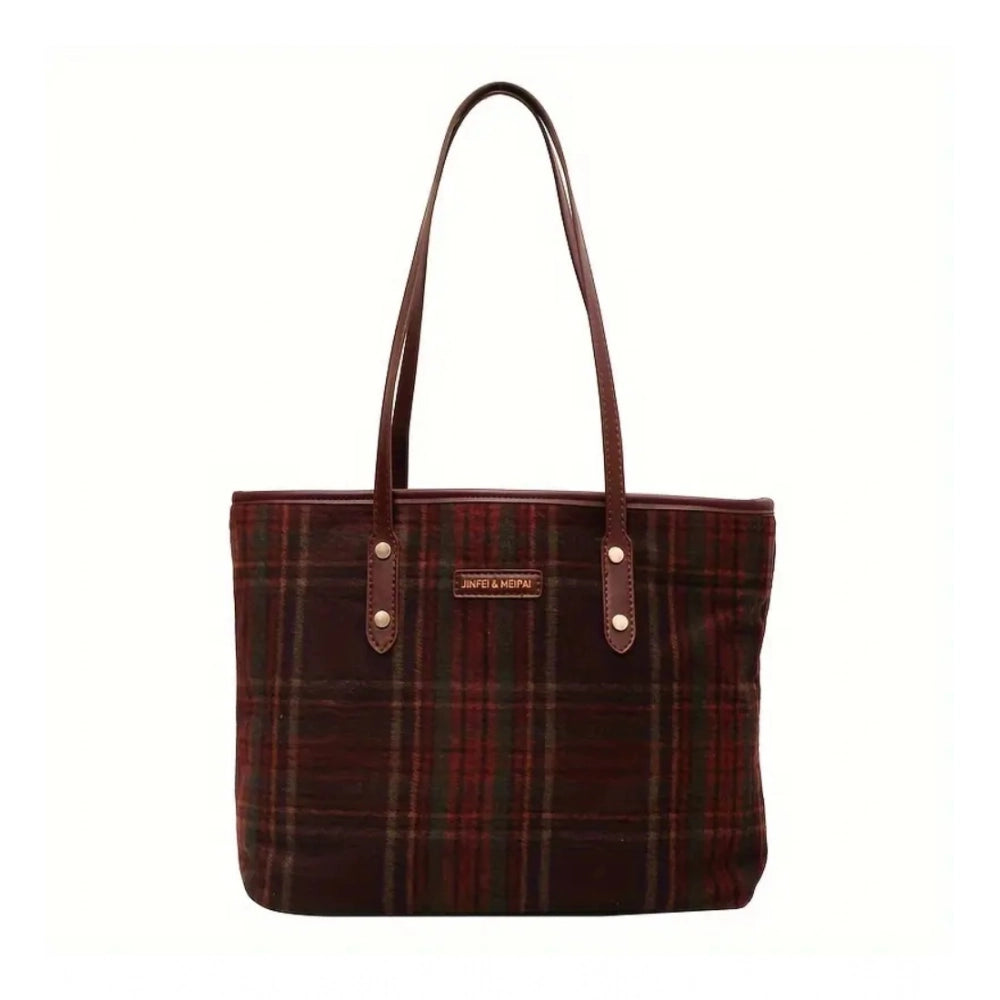 Red woolen medium shoulder zipper handbag with two handle straps and fix sling strap