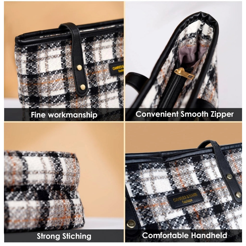 White woolen medium shoulder zipper handbag with two handle straps and fix sling strap